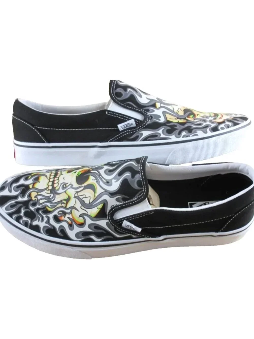 Vans Men's Classic Slip On Flame Skull Black White Canvas Shoes Size 13 NEW
